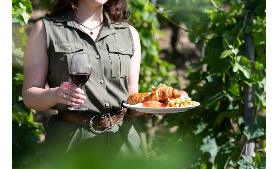 Une femme, dans les vignes, tient dans une main une assiette blanche remplie de nourriture et dans l'autre main un verre de vin rouge