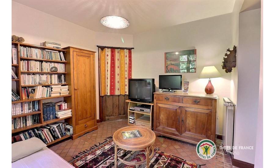 Salon séparé avec canapé, petite TV et bibliothèque