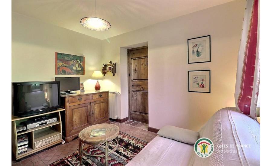 Salon séparé avec canapé, petite TV et bibliothèque
