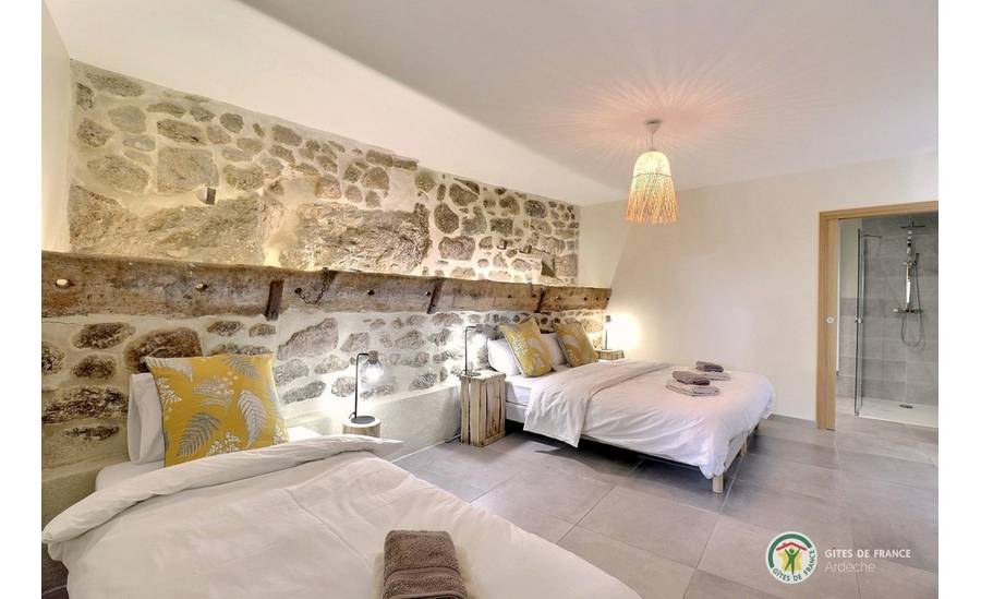 Chambre avec lit 180 (modulable en 2 lits 90) et lit en 90, avec salle d'eau privative.