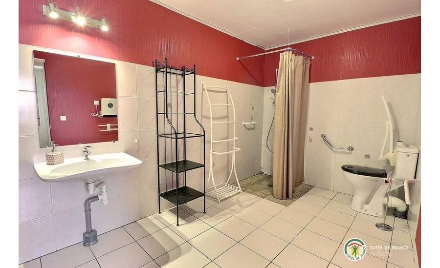 Salle d'eau avec douche, lavabo et WC avec barre d'appui (accessible PMR)